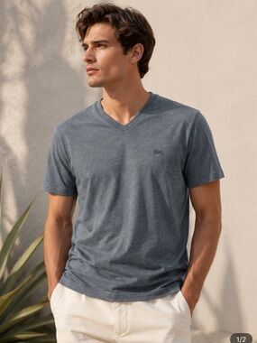 Lacoste Men's V-Neck Short Sleeve Tee in Heather Blue